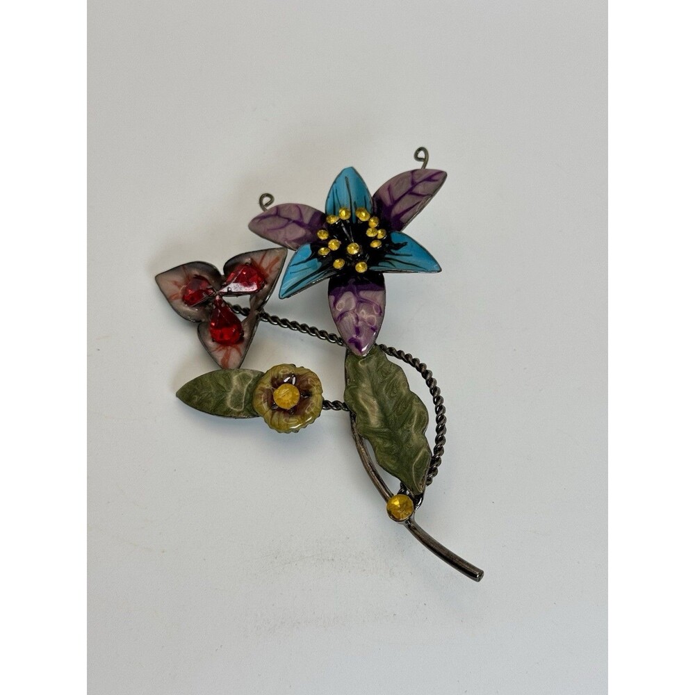 Vintage 3D Enamel Flower Brooch Metal Large Statement Piece 1970s Retro 4.25”
